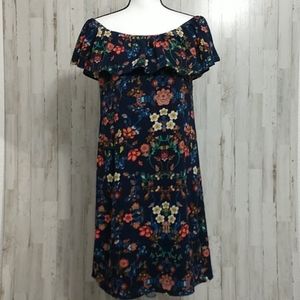 Loramendi Navy Blue Floral Off the Shoulder Dress